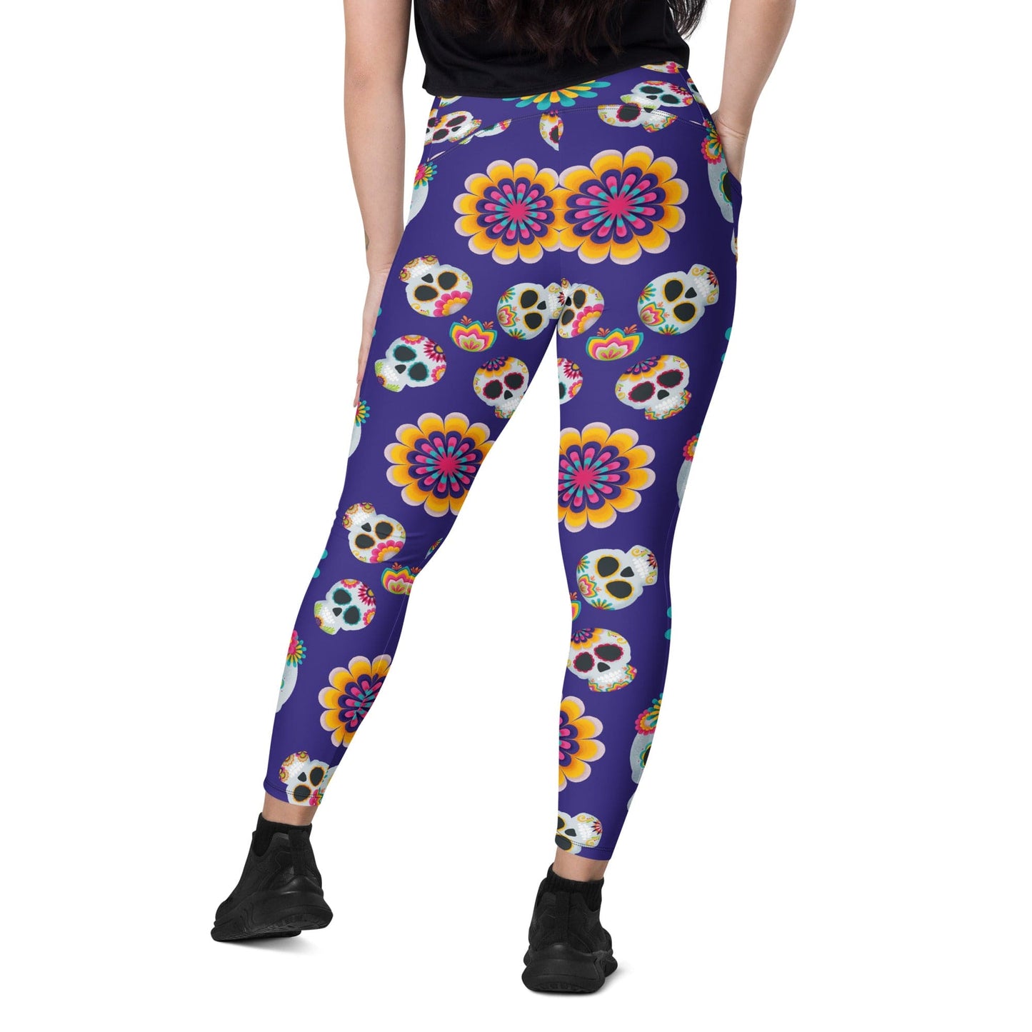 Skull Leggings Sugar Skulls And Flowers Pattern High Waisted Legging Purple For Women