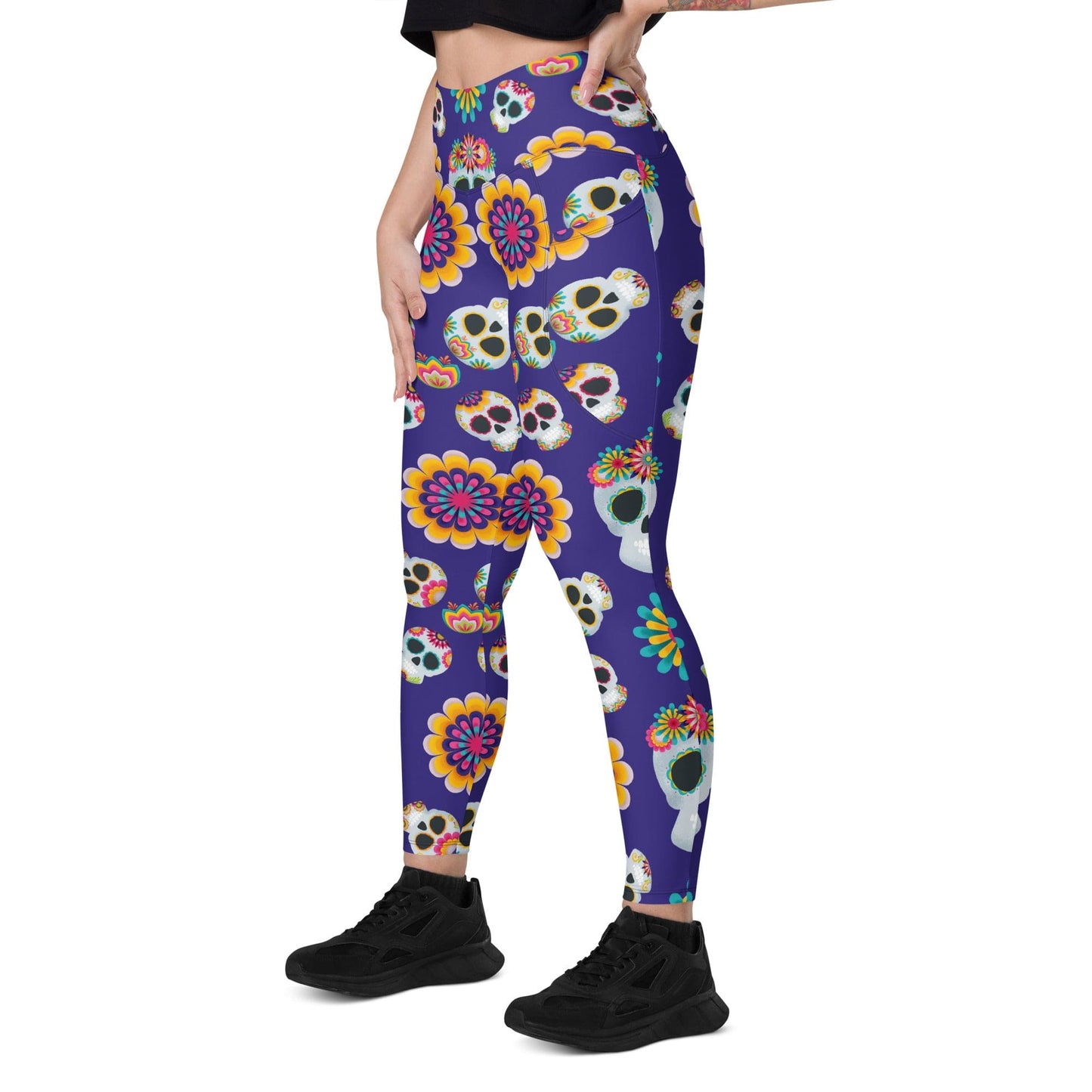 Skull Leggings Sugar Skulls And Flowers Pattern High Waisted Legging Purple For Women