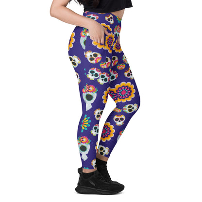 Skull Leggings Sugar Skulls And Flowers Pattern High Waisted Legging Purple For Women