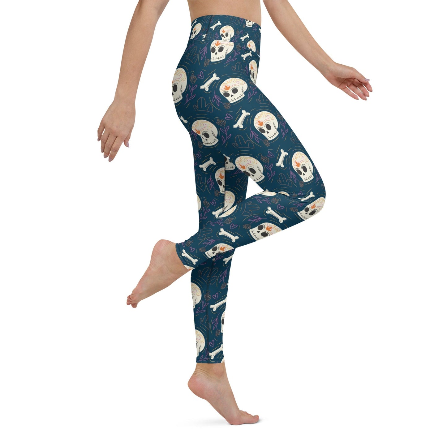 Skull Leggings Skull Bones And Flowers Pattern High Waisted Legging Blue White For Women