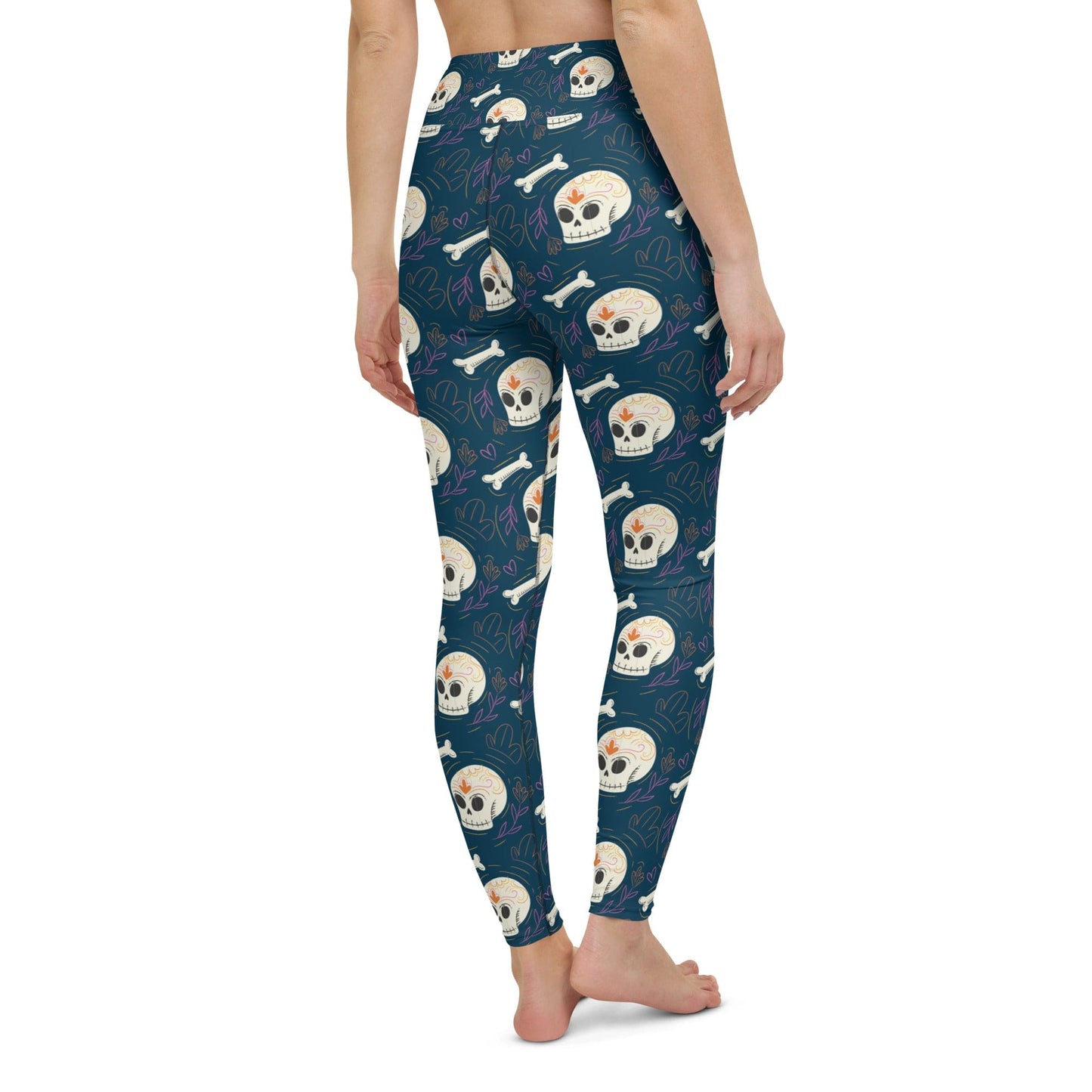 Skull Leggings Skull Bones And Flowers Pattern High Waisted Legging Blue White For Women