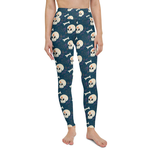 Skull Leggings Skull Bones And Flowers Pattern High Waisted Legging Blue White For Women