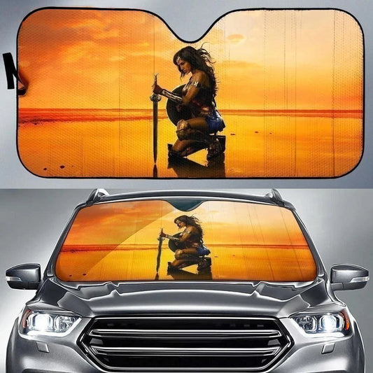 Wonder Woman Car Sun Shade Wonder Woman Kneeling On The Beach Winshield Sun Shade Orange