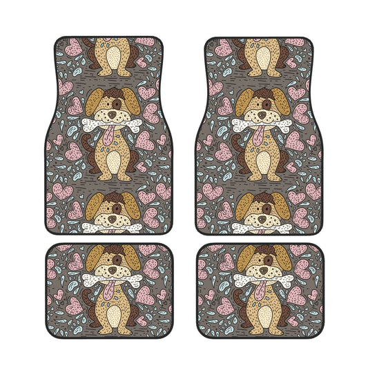 Dog Car Floor Mats Cute Dog With Bone Heart Pattern Pointillism Art Car Mats