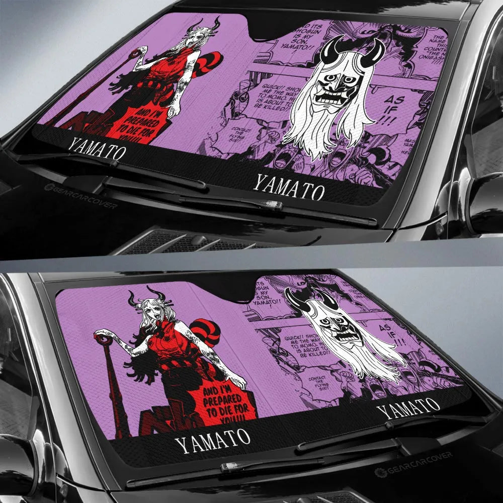 One Piece Car Sun Shade Yamato Graphic Symbol Manga Pattern Winshield Sun Shade Purple Black