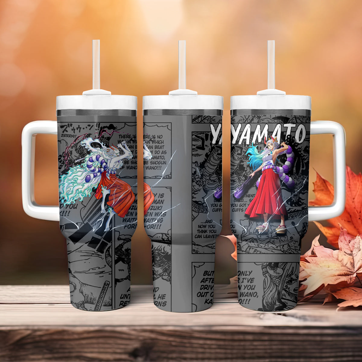 One Piece 40 Oz Tumbler Yamato Fighting Pose Manga Pattern Tumbler 40 Oz Black