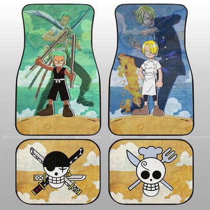 One Piece Car Mats Cute Young Zoro And Sanji Jolly Roger Symbols Car Floor Mats Blue Green