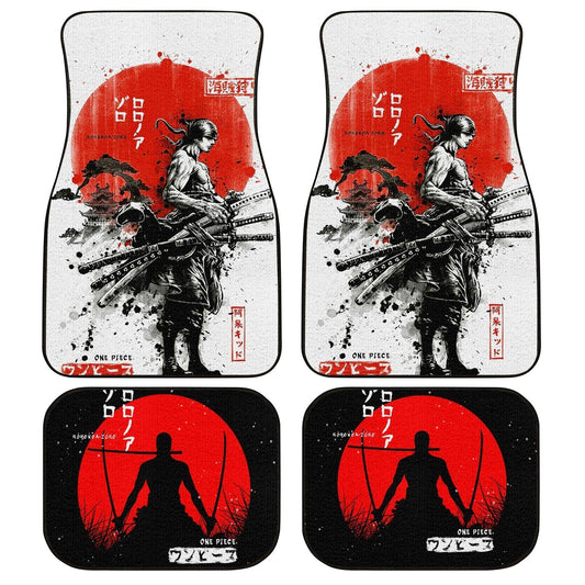 One Piece Car Mats Zoro Silhouette Japanese Words Pattern Car Floor Mats Red Black