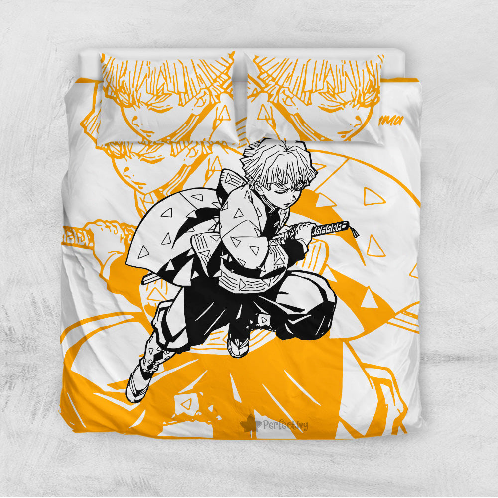 Demon Slayer Bedding Set Zenitsu Agatsuma Fighting Scene Duvet Covers Orange White Unique Gift