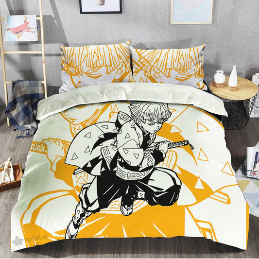 Demon Slayer Bedding Set Zenitsu Agatsuma Fighting Scene Duvet Covers Orange White Unique Gift