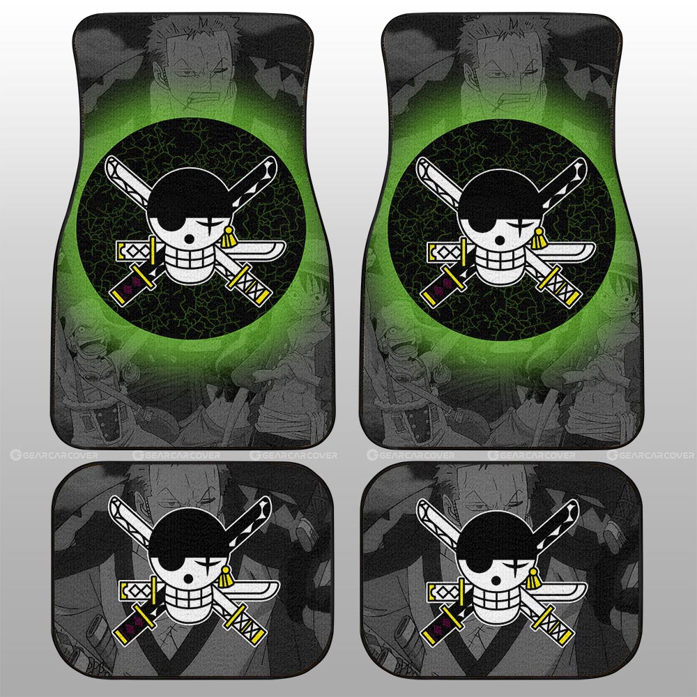 One Piece Car Mats Manga Pattern Zoro Jolly Roger Symbol Car Floor Mats Black Green
