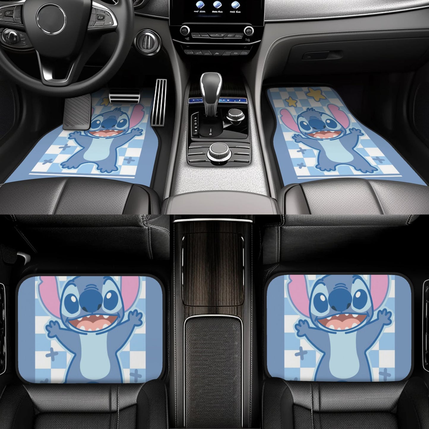 Stitch Car Mats Cute Stitch Happy Checkered Star Pattern Car Floor Mats White Blue