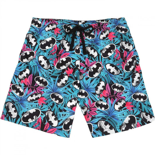 Batman Shorts Batman Symbol Tropical Flora Pattern Beach Shorts Blue Pink