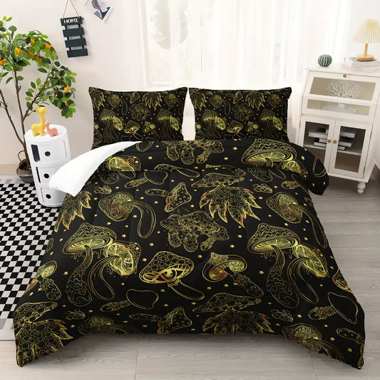 Mushroom Bedding Set Natural Wild Fungus Pattern Duvet Covers Black Yellow Unique Gift