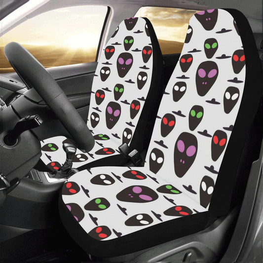 Alien Car Seat Covers Weird Alien With UFO Pattern Seat Covers White