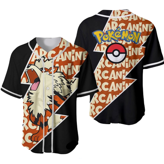 PKM Baseball Jersey Arcanine Graphic PKM Jersey Shirt Black Orange Unisex Adult New Release