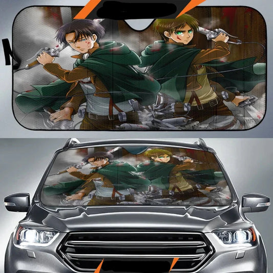 Attack On Titan Car Sun Shade Eren Yeager And Levi Ackerman Battle Winshield Sun Shade Brown Green