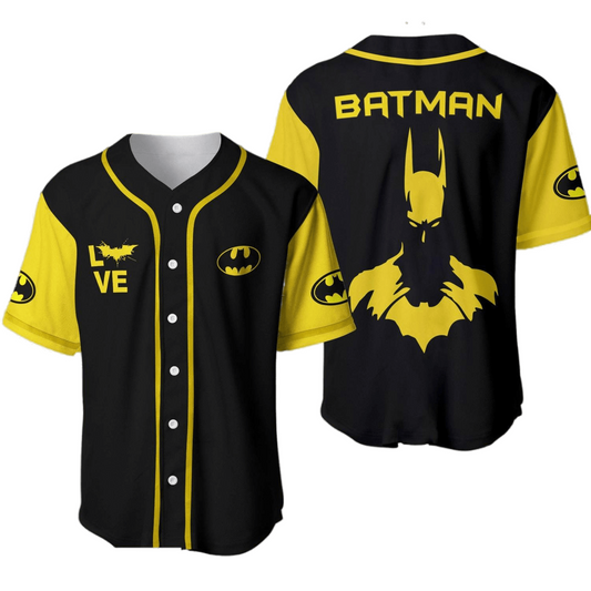 DC Jersey DC Love Batman Silhouette Symbol Graphic Yellow Black Jersey Shirt DC Baseball Jersey Batman Baseball Jersey