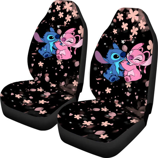 Stitch Car Seat Covers DN Stitch And Angel Cherry Blossom Pattern Seat Covers Black