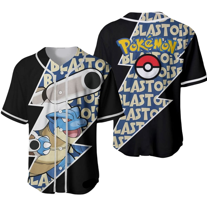 PKM Baseball Jersey Blastoise Graphic PKM Jersey Shirt Black Blue Unisex Adult New Release