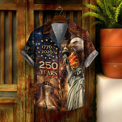 America 250th Anniversary Fireworks Liberty And Eagle Tribute Hawaiian Shirt - Patriotic Gift For Him