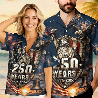USA 250th Celebration Freedom Shield Hawaiian Shirt - Patriotic Gift For Him