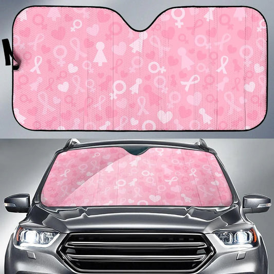 Breast Cancer Car Sun Shade Female Figure Ribbon Heart Pattern Winshield Sun Shade Pink