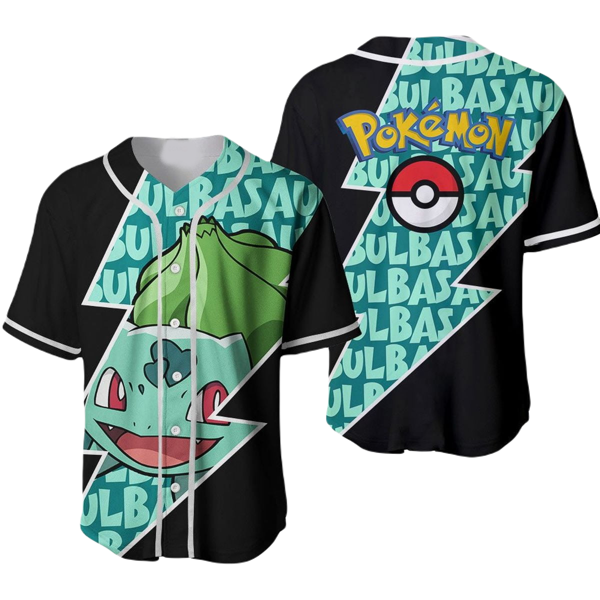 PKM Baseball Jersey Bulbasaur Graphic PKM Jersey Shirt Black Green Unisex Adult New Release