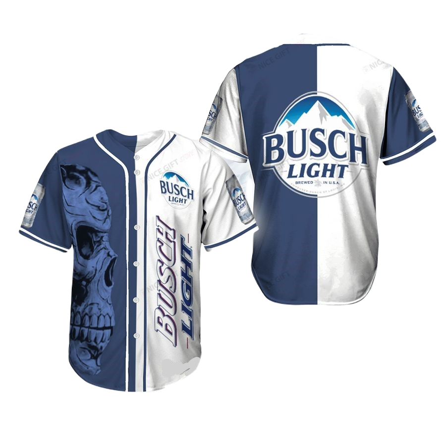 Busch Light Baseball Jersey Aztec Skull Graphic Busch Light Jersey Shirt White Blue Unisex Adult New Release