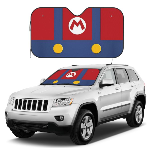 Mario Car Sun Shade Super Mario Suit Detail Pattern Winshield Sun Shade Blue Red