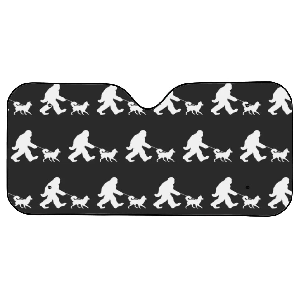 Bigfoot Car Sun Shade Bigfoot Walking A Dog Winshield Sun Shade Black White