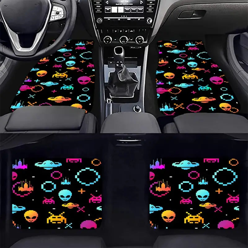 Alien Car Mats Pixel Alien Monster UFO Pattern Car Floor Mats Colorful