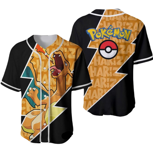 PKM Baseball Jersey Charizard Graphic PKM Jersey Shirt Black Orange Unisex Adult New Release