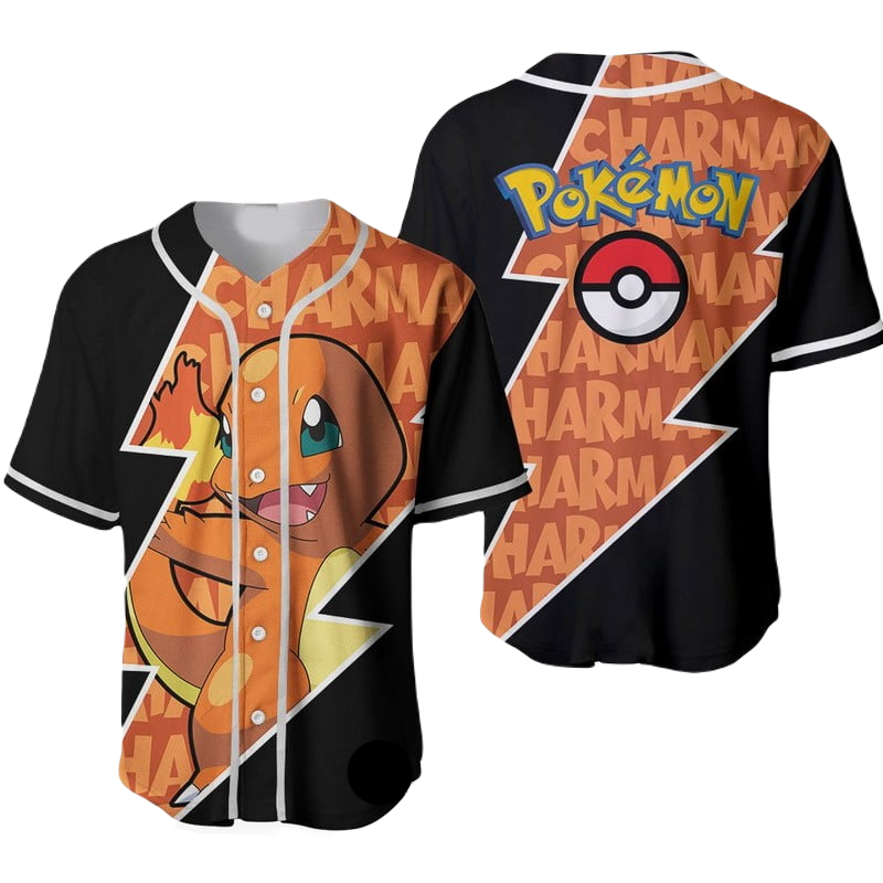 PKM Baseball Jersey Charmander Graphic PKM Jersey Shirt Black Orange Unisex Adult New Release