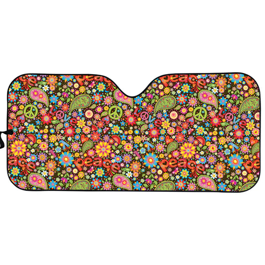 Hippie Car Sun Shade Hippie Peace Sign Flower Doodle Pattern Winshield Sun Shade Colorful