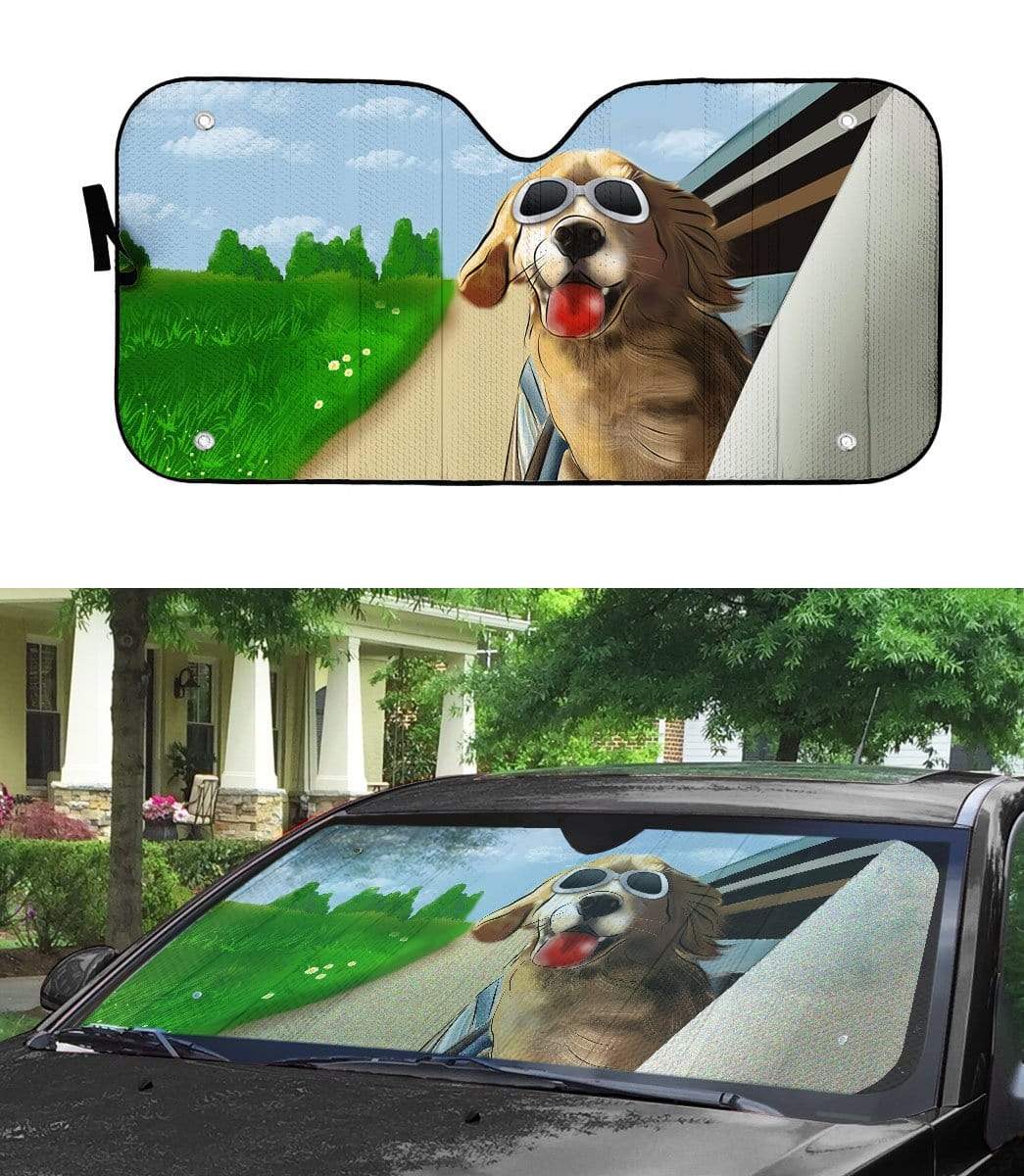 Gearhumans Custom Car Auto Sunshade Happy Golden Retriever