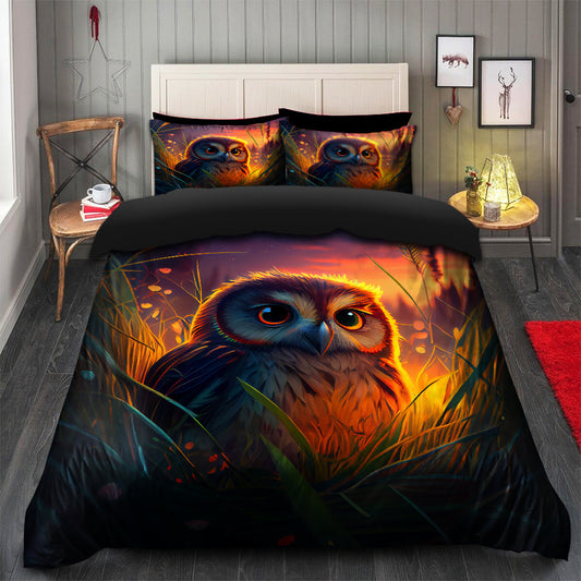 Cute Owl Bedded Down In The Grass Safe And Cozy Fireflies Bedding Set