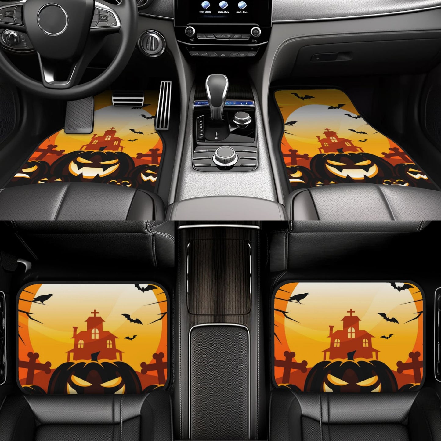 Halloween Car Mats Halloween Laughing Pumpkin Haunted House Car Floor Mats Black Orange