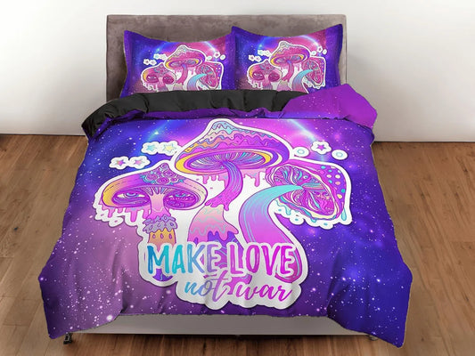 Mushroom Bedding Set Psychedelic Mushroom Make Love Not War Duvet Covers Blue Pink Unique Gift