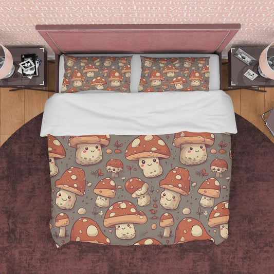 Mushroom Bedding Set Cute Retro Chibi Mushroom Pattern Duvet Covers Gray Red Unique Gift