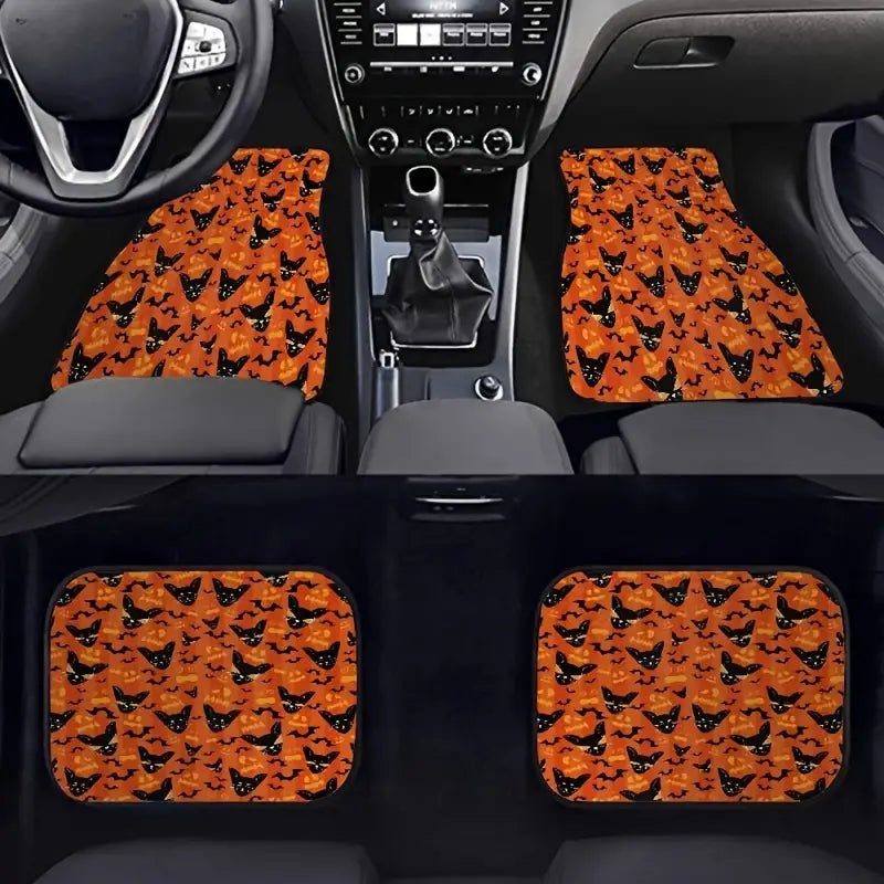 Halloween Car Mats Halloween Cat Scary Ghost Face Pattern Car Floor Mats Black Orange