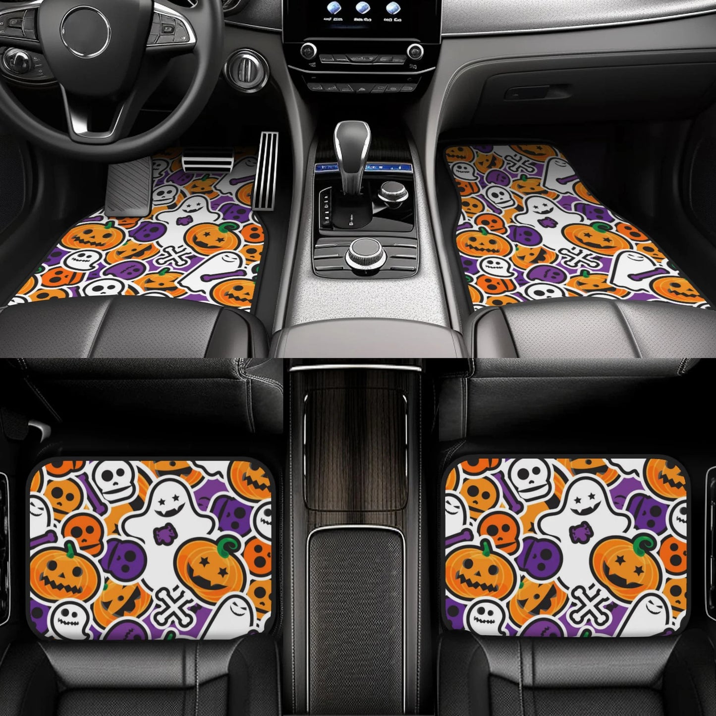 Halloween Car Mats Halloween Ghost Pumpkin Skull Bones Stickers Pattern Car Floor Mats Colorful