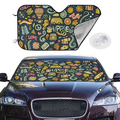 Hippie Car Sun Shade Hippie Van Jacket Sun Sneakers Pattern Winshield Sun Shade Colorful