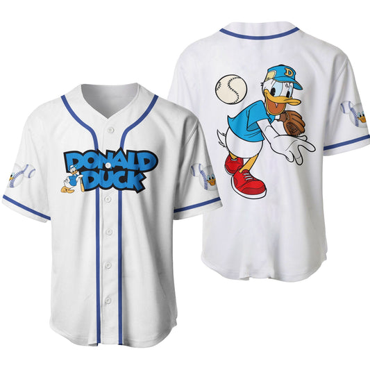 Disney Jersey Disney Donald Duck Character Throwing Ball Graphic White Blue Jersey Shirt Disney Baseball Jersey Donald Duck Baseball Jersey