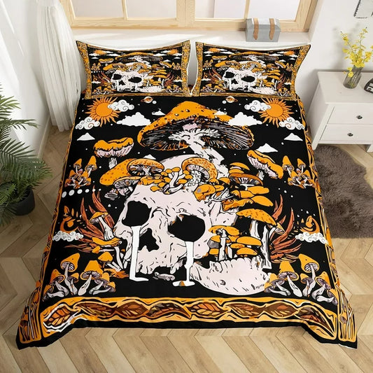 Mushroom Bedding Set Gothic Skull Mushroom Fungus Duvet Covers Black Yellow Unique Gift