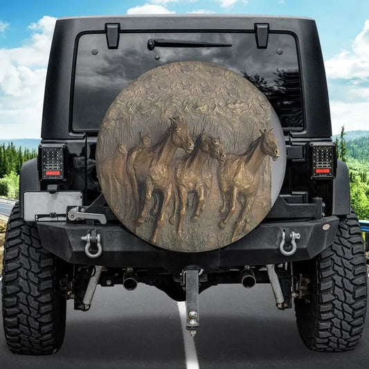 Horse Spare Tire Cover Herd Of Horses Rock Carving Pattern Tire Covers Gray