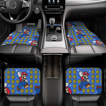 Mario Car Mats Mario Jumping Pose And Coins Pattern Car Floor Mats Blue