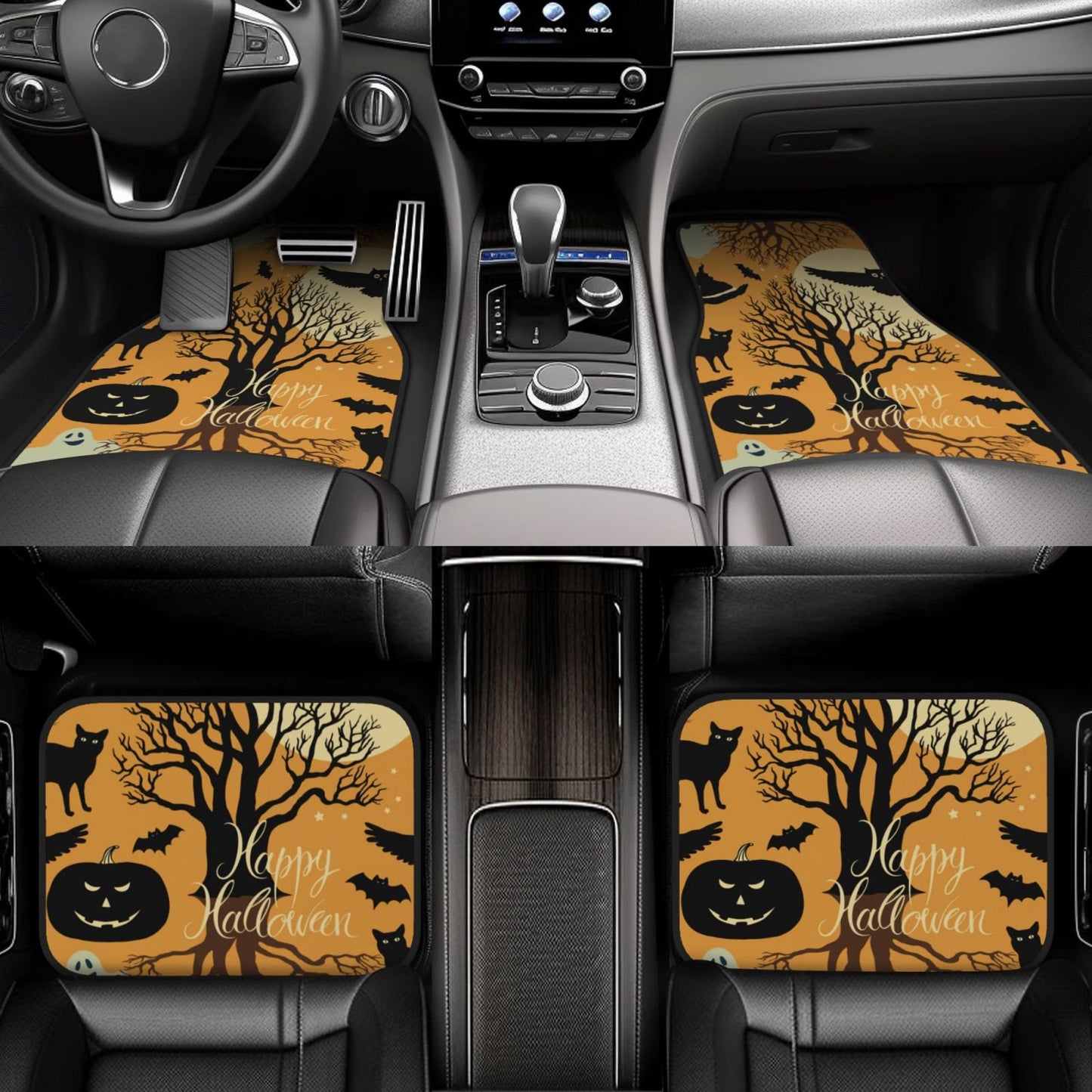 Halloween Car Mats Happy Halloween Haunted Tree Cat Pumpkin Car Floor Mats Black Orange