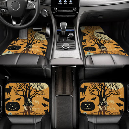 Halloween Car Mats Happy Halloween Haunted Tree Cat Pumpkin Car Floor Mats Black Orange