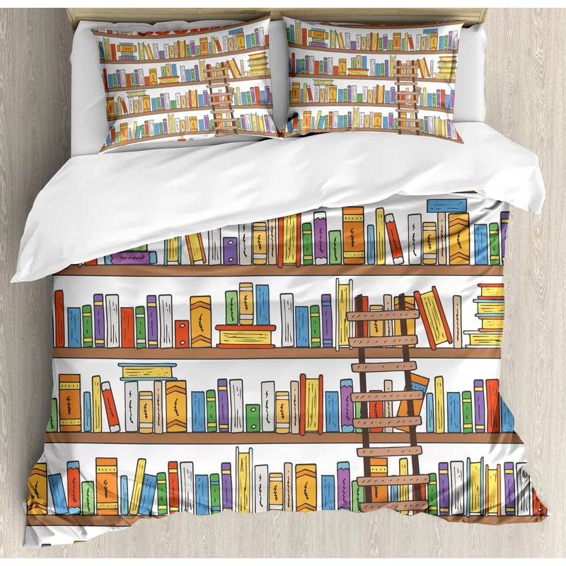 Book Bedding Set Drawn Libraby Bookshelf Pattern Duvet Covers Colorful Unique Gift